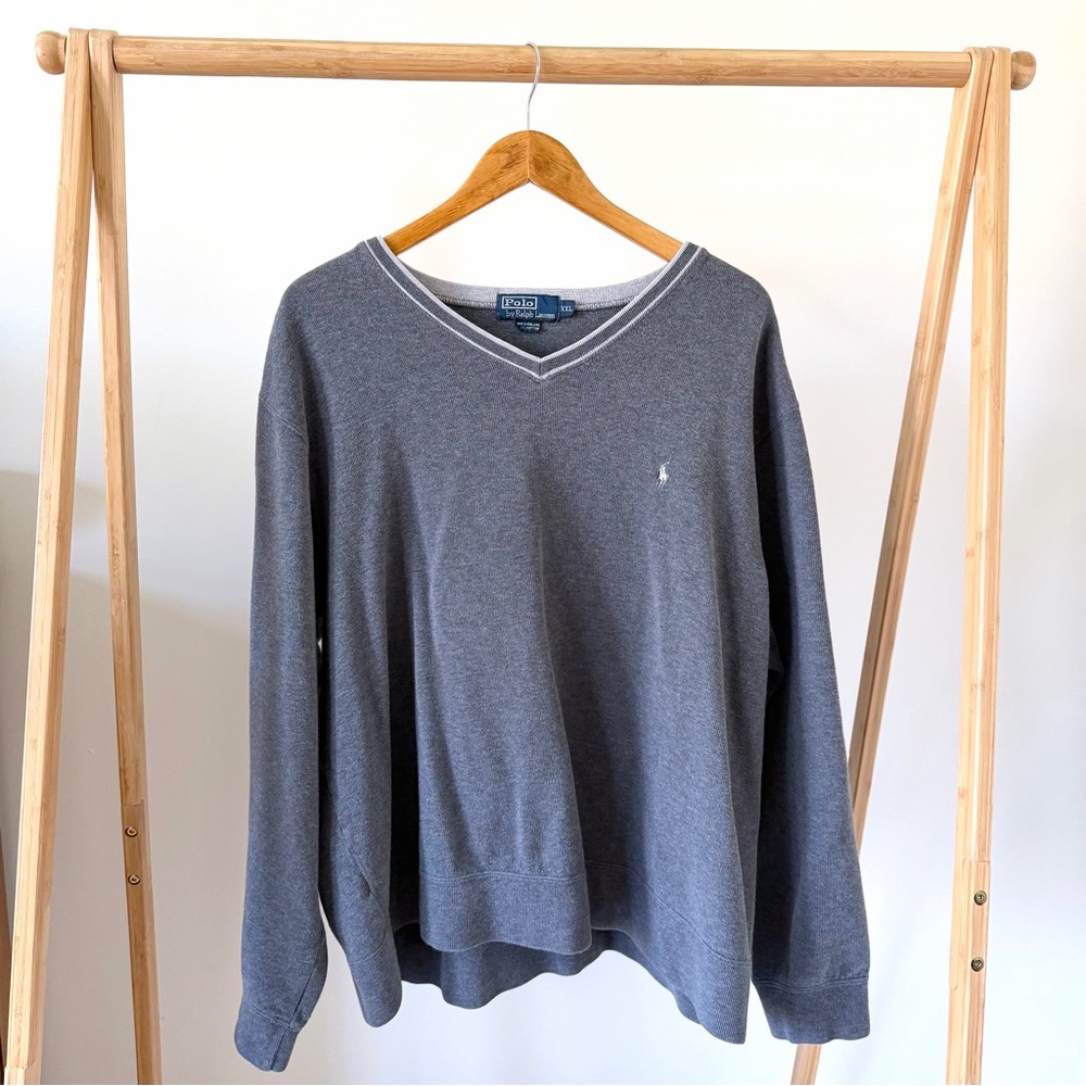 Vintage Polo Ralph Lauren Varsity Stripe V-neck Sweater in Light Gray - XXL